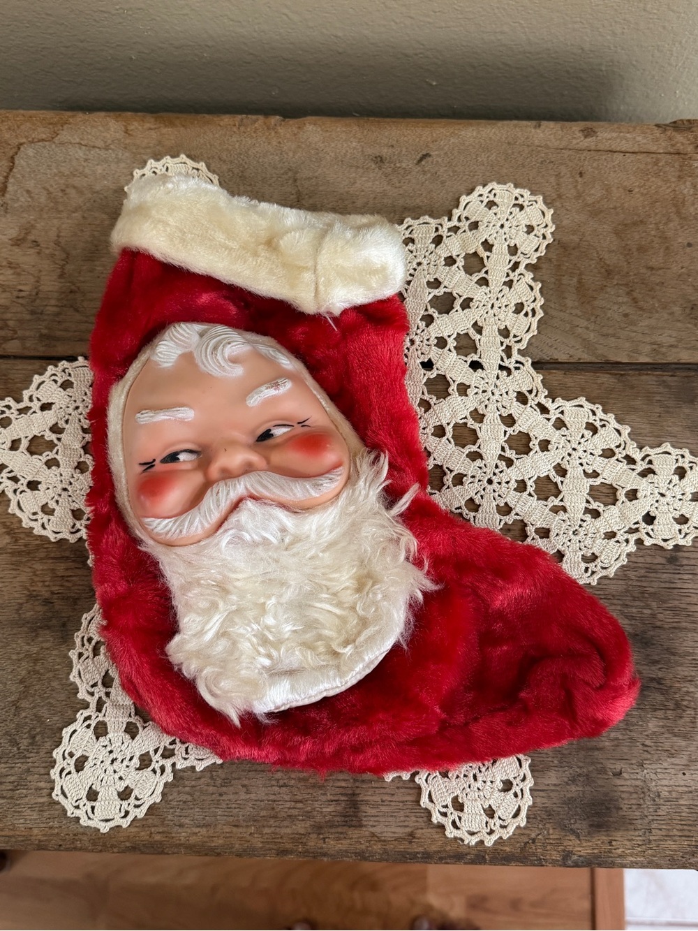 Vintage Santa Face Plush Holiday Stocking